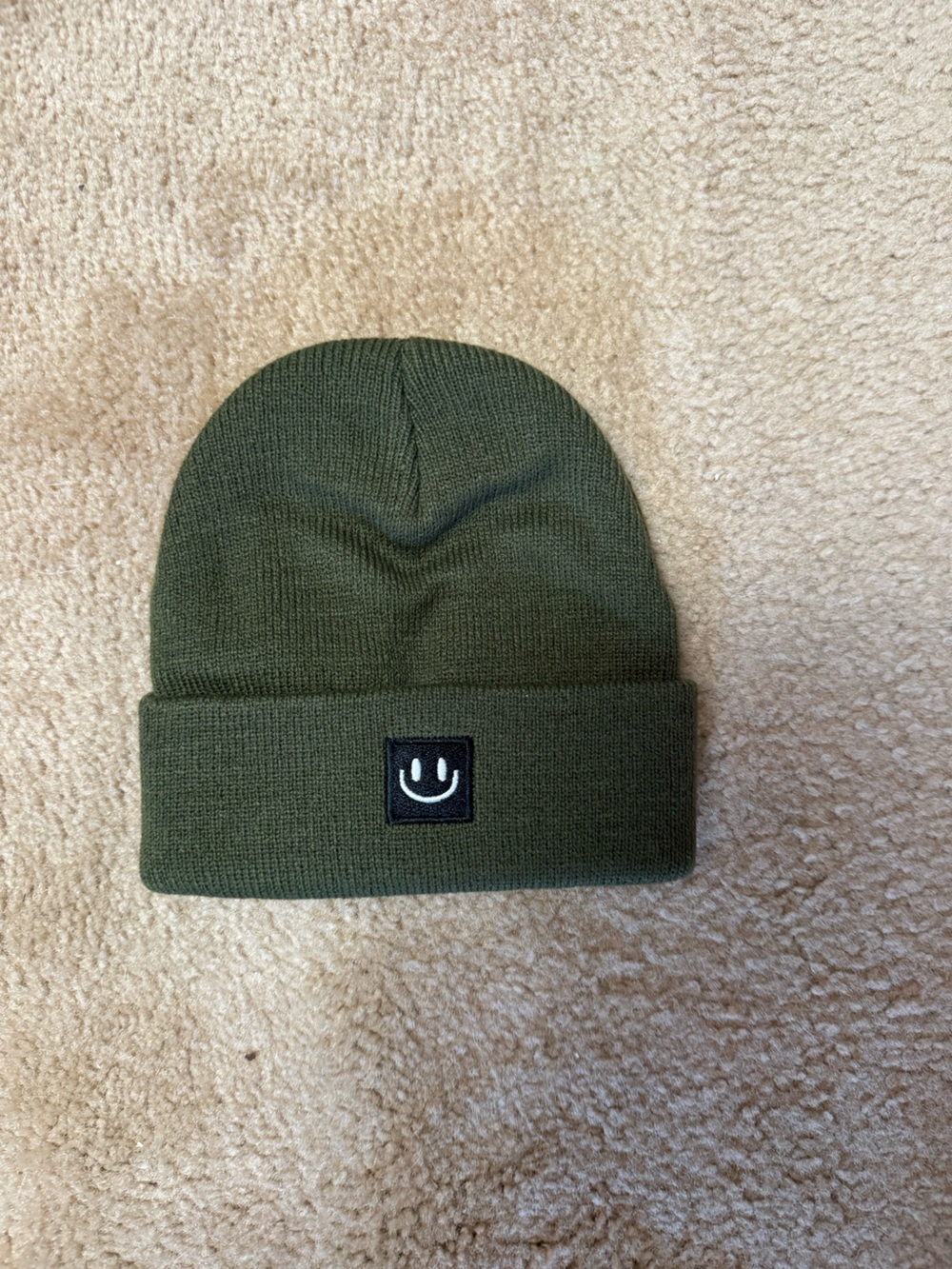 Kids Olive Green Knit Cuffed Beanie with Smiley Patch